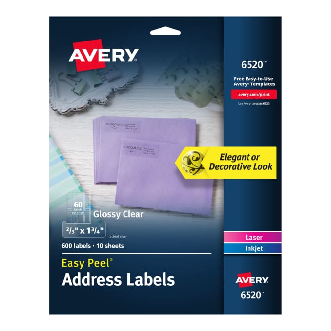 Avery Easy Peel Address Labels Glossy Clear 2 3 X 1 3 4 600 Labels 6520