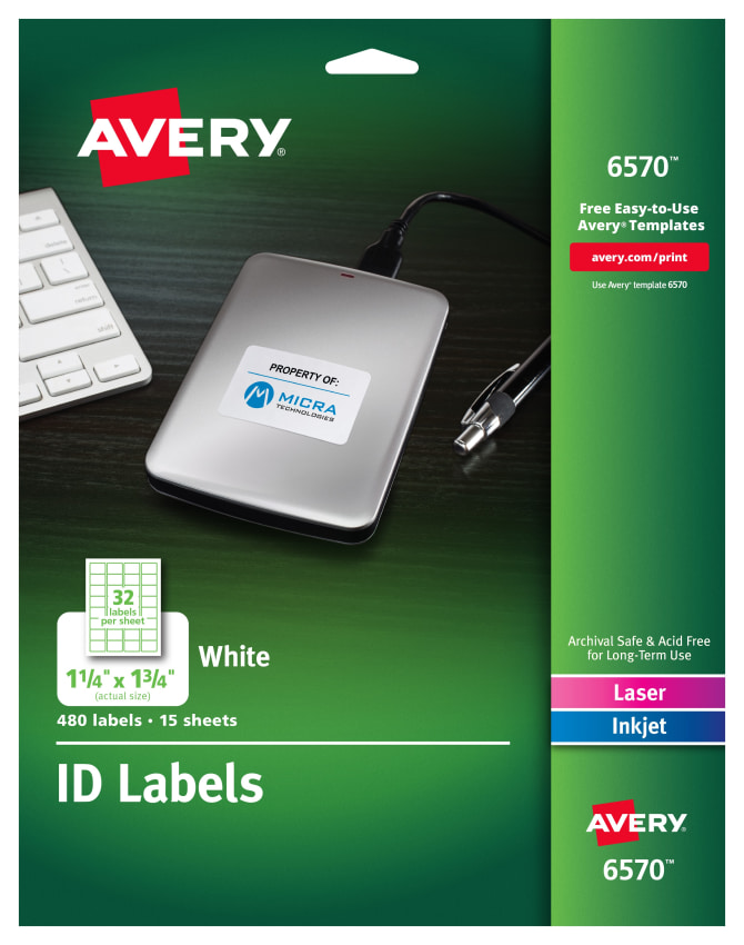 Avery® ID Labels, Permanent Adhesive, 1-1/4 x 1-3/4, 480 Labels (6570)