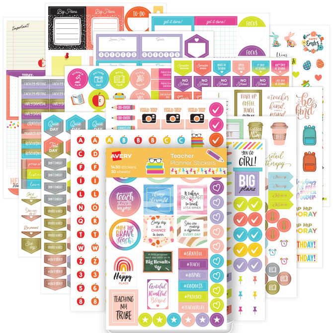 Avery® teacher planner stickers pack, 30 sheets of teacher planner  stickers, set of 1,430 stickers for your planner, journal or calendar  (6781) | avery.com