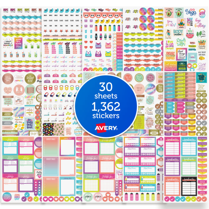 avery fitness planner stickers variety pack 30 sticker sheets 1 362 stickers total 6787 avery com