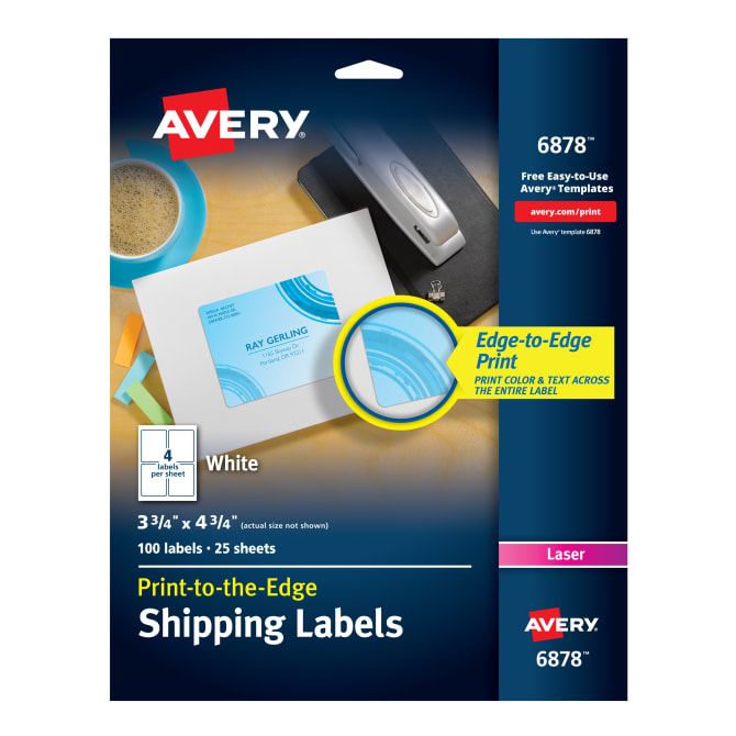 Avery Shipping Labels Sure Feed Technology Print To The Edge Permanent Adhesive 3 3 4 X 4 3 4 100 Labels 6878