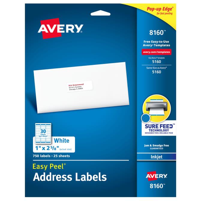 Avery Easy Peel Address Labels Sure Feed Technology Permanent Adhesive 1 X 2 5 8 750 Labels 8160