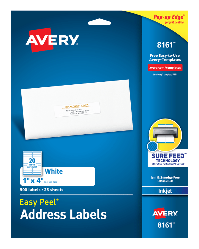 8161 Avery Easy Peel 1 x4 Inch White Address Labels 500 Count 