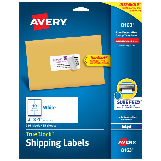 Avery Trueblock Shipping Labels Sure Feed Technology Permanent Adhesive 2 X 4 250 Labels 8163