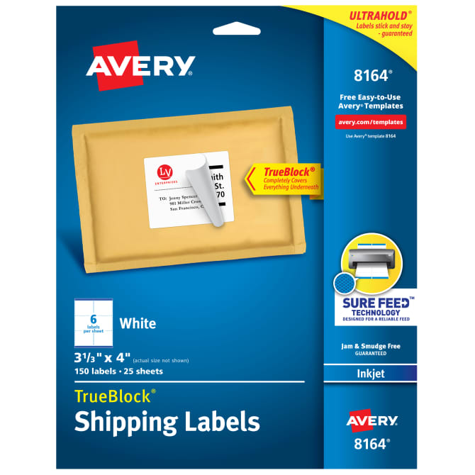 Avery Trueblock Shipping Labels Sure Feed Technology Permanent Adhesive 3 1 3 X 4 150 Labels 8164
