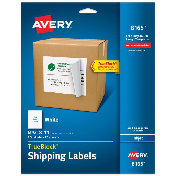 Avery 8165 Shipping Labels Permanent Adhesive 25 Labels