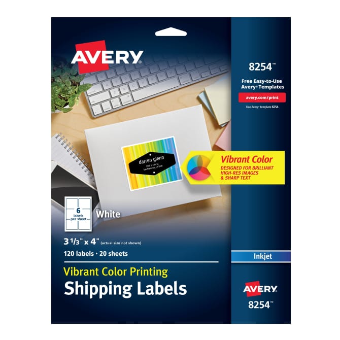 Avery Color Printing Labels Sure Feed Technology Permanent Adhesive Matte 3 1 3 X 4 120 Labels 8254