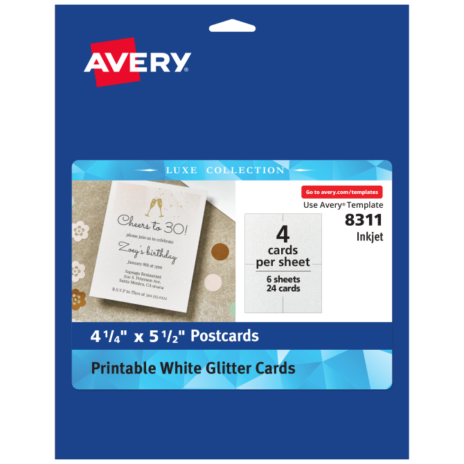 Avery® Luxe Collection™ Glitter Cardstock, 4.25 x 5.5 Postcard Size,  Mess-Free White Glitter, Printable Glitter Cardstock Paper for Inkjet  Printers, 24 Cards Total (8311)