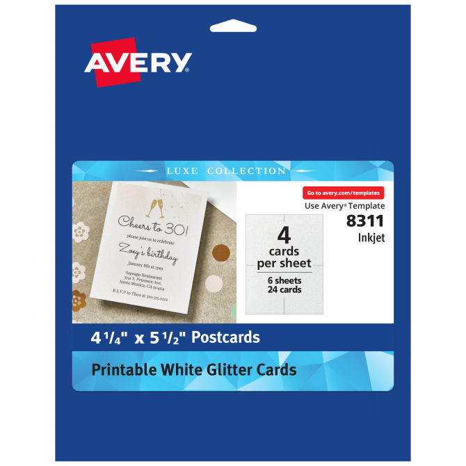 Avery® Luxe Collection™ Glitter Cardstock, 4.25" x 5.5" Postcard Size,  Mess-Free White Glitter, Printable Glitter Cardstock Paper for Inkjet  Printers, 24 Cards Total (8311) | Avery.com