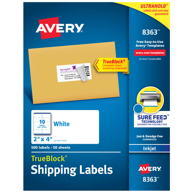 Avery Trueblock Shipping Labels Sure Feed Technology Permanent Adhesive 2 X 4 500 Labels 8363