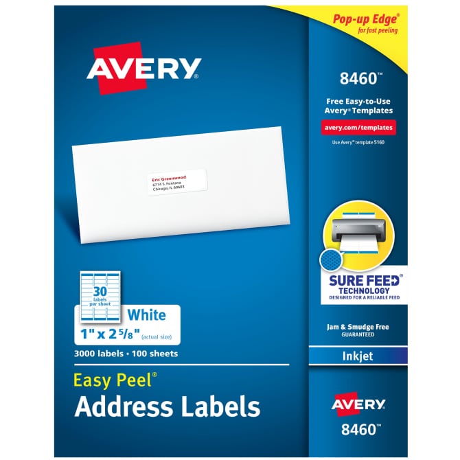 Avery Easy Peel Address Labels Sure Feed Technology Permanent Adhesive 1 X 2 5 8 3 000 Labels 8460