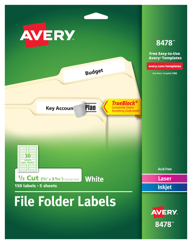 Avery File Folder Labels Permanent Adhesive 2 3 X 3 7 16 150 Labels 8478