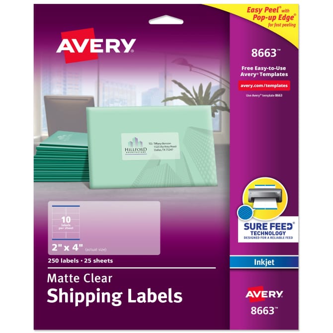 Avery® Matte Clear Shipping Labels, Sure Feed™ Technology, Inkjet, 2