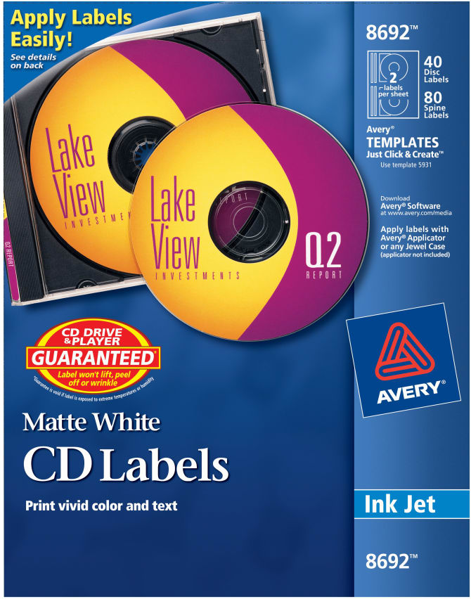 Avery Cd Labels Print To The Edge Permanent Adhesive Matte 40 Face Labels And 80 Spine Labels 8692