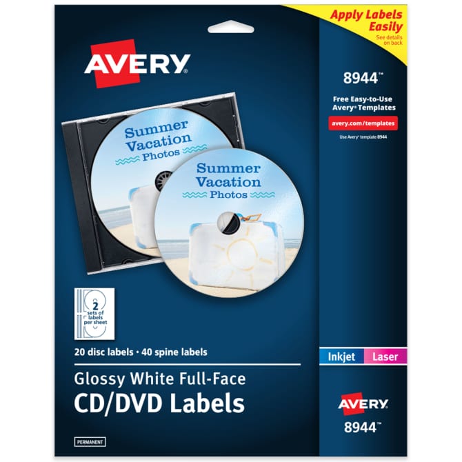 Avery® Full-Face CD Labels, Permanent Adhesive, Glossy, 20 Disc Labels and  40 Spine Labels (8944)