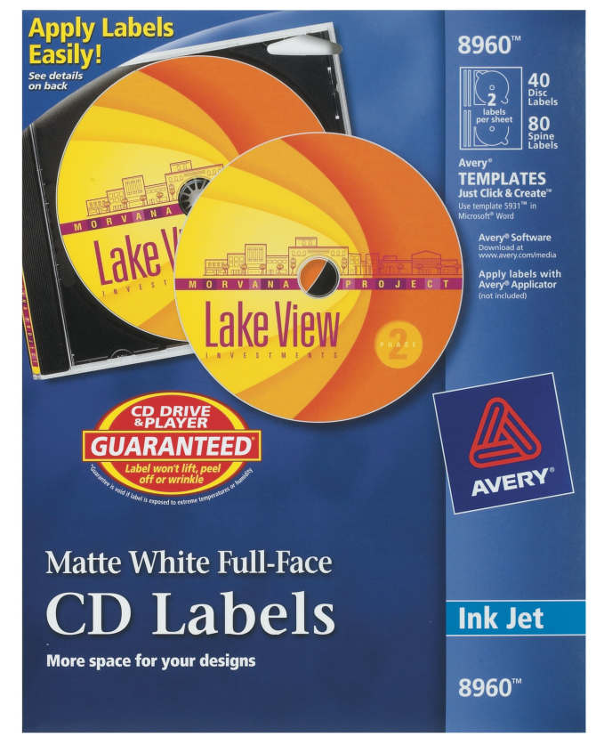 Avery Cd Labels Print To The Edge Permanent Adhesive Matte 40 Disc Labels And 80 Spine Labels 8960