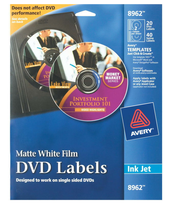 Avery® Film DVD Labels, Permanent Adhesive, Matte, 20 Disc Labels and 40  Spine Labels (8962)