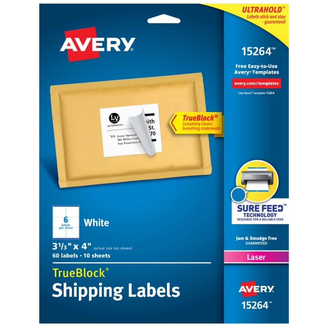 Avery Trueblock Shipping Labels Sure Feed Technology Permanent Adhesive 3 1 3 X 4 60 Labels 15264