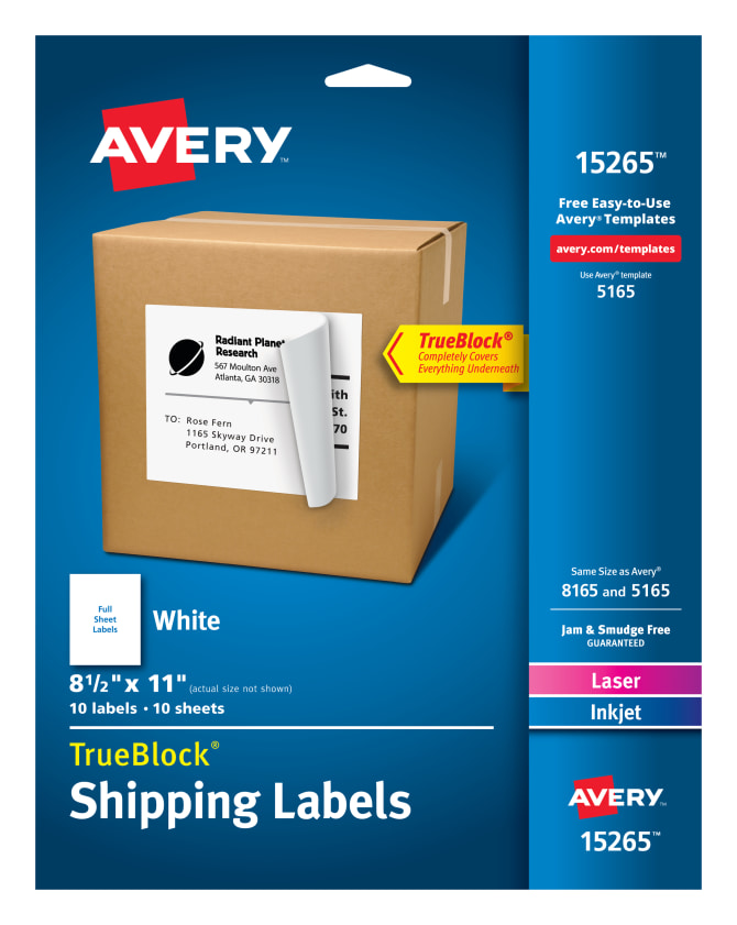 TrueBlock Permanent Adhesive Full Sheet Labels Laser & Inkjet Printers 15265 10 Labels Avery Shipping Address Labels 