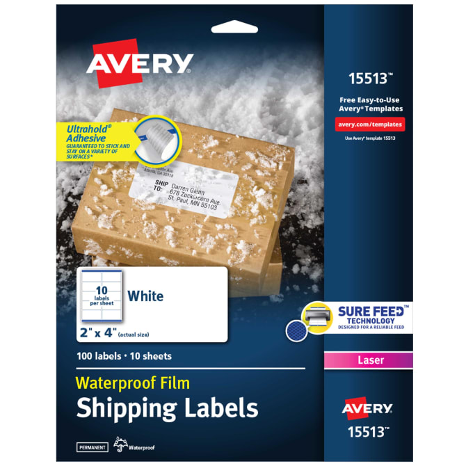 1" x 4" Avery Address Labels with Sure Feed for Inkjet Printers 500 Labels Pe 