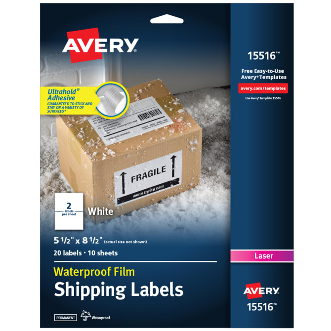 Waterproof Labels With Ultrahold Permanent Adhesive Sure Feed Trueblock Laser 20 Labels 5 1 2 X 8 1 2 15516 Avery Com