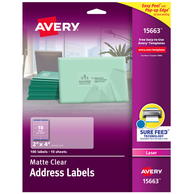 Avery Matte Clear Shipping Labels Sure Feed Technology Laser 2 X 4 100 Labels 15663