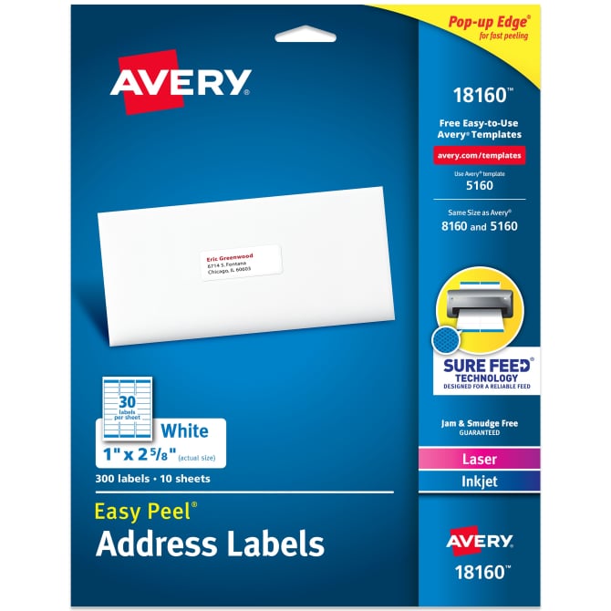 Avery Easy Peel Address Labels Sure Feed Technology Permanent Adhesive 1 X 2 5 8 300 Labels 18160