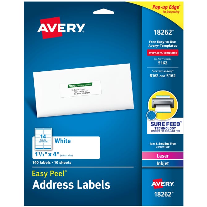 Avery easy peel address labels 1 1 3 x 4 140 labels 18262 avery