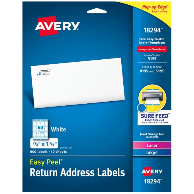 Avery® Easy Peel® Address Labels, Sure Feed™ Technology, Permanent  Adhesive, 2/3