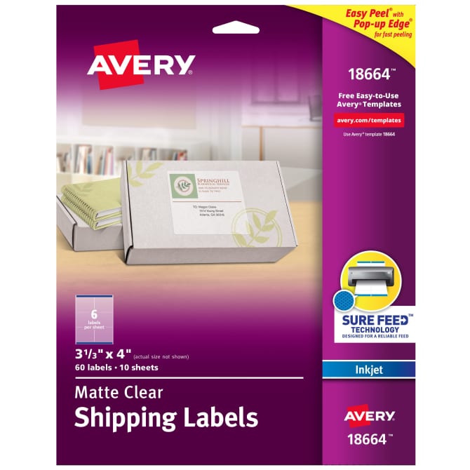Avery Matte Clear Shipping Labels Sure Feed Technology Inkjet 3 1 3 X 4 60 Labels 18664