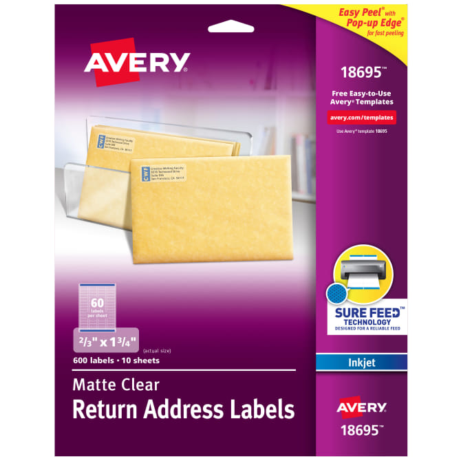 Avery Matte Frosted Clear Return Address Labels Inkjet 2 3 X 1 3 4 600 Labels 18695 Avery Com