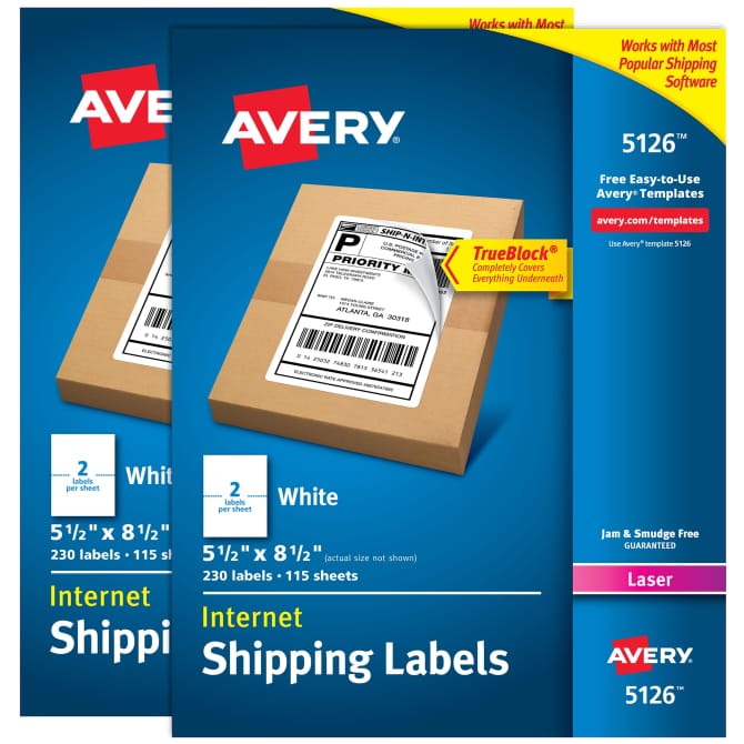 Avery® Internet Shipping Labels, TrueBlock® Technology, Permanent Adhesive,  5-1/2