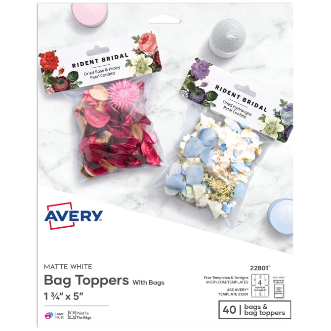 Avery® 1-3/4" 5" Printable Bag Toppers, Matte White, 40 Toppers with Bags, Permanent Adhesive (22801) | Avery.com