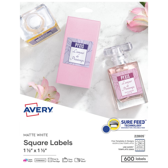 Avery Square Labels with Sure Feed 3 x 3 36481 60 Glossy White Labels 