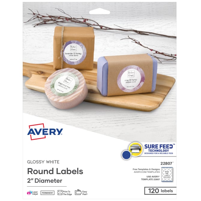 Avery Glossy White Round Labels With Sure Feed 2 Diameter 120 Labels Permanent Adhesive 22807 Avery Com