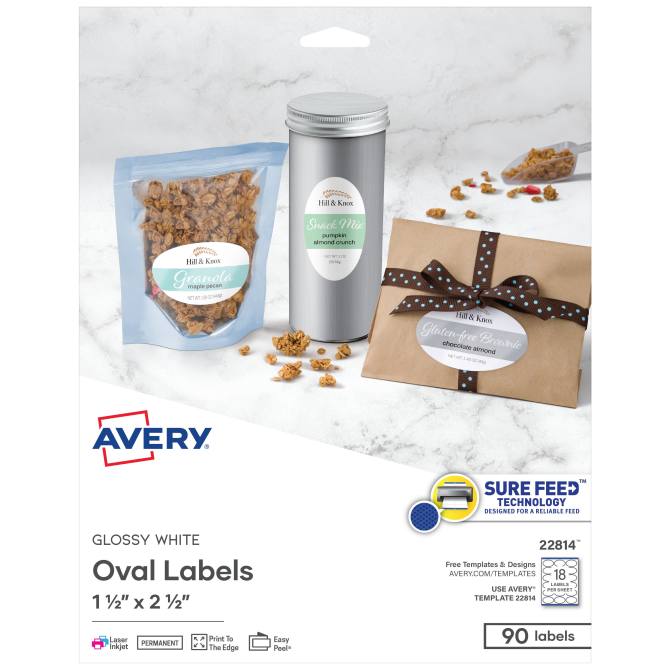 Avery 1 1 2 X 2 1 2 Oval Labels With Sure Feed 90 Labels Permanent Adhesive Glossy White 22814 Avery Com