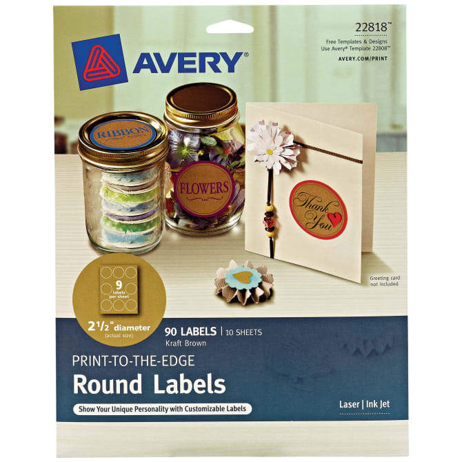 Avery Round Labels Print To The Edge Permanent Adhesive Kraft Brown 2 1 2 Diameter 90 Labels 22818