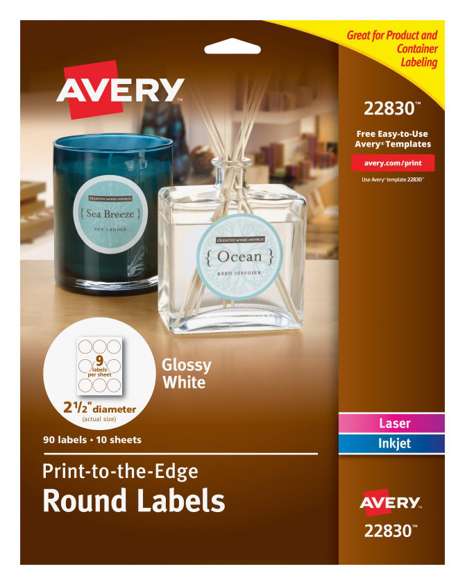 Avery Round Labels Print To The Edge True Print Permanent Adhesive Glossy 2 1 2 90 Labels 22830