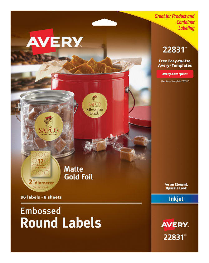 Avery Easy Peel Embossed Foil Labels Permanent Adhesive Matte Gold Round 2 96 Labels 22831