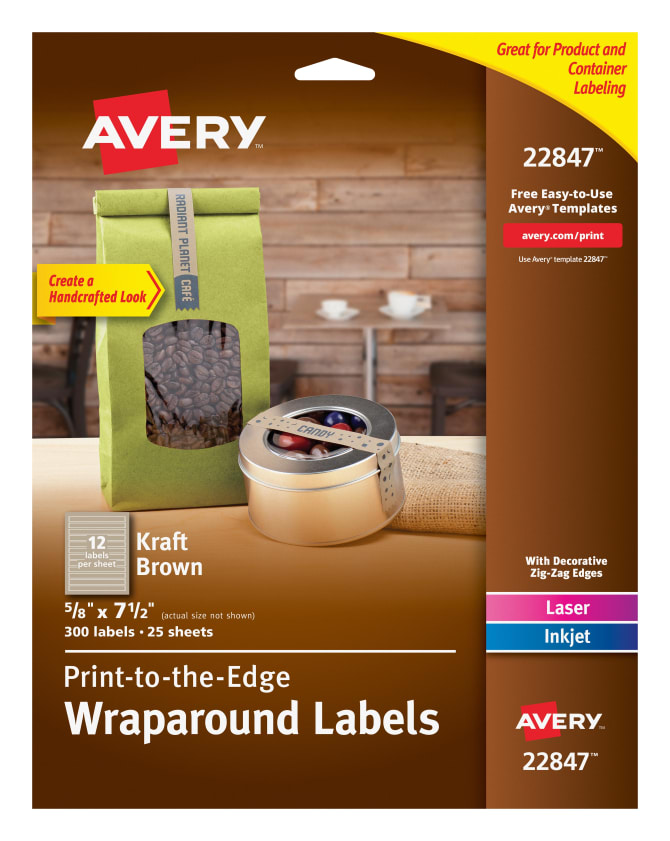 Avery Wraparound Labels Print To The Edge Permanent Adhesive Kraft Brown Rectangle 5 8 X 7 1 2 300 Labels 22847
