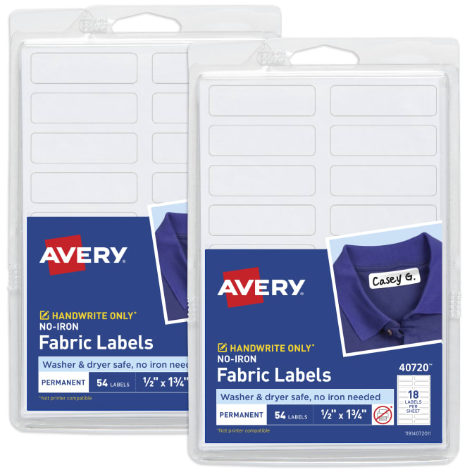 Avery® No-Iron Fabric Labels, 1/2 x 1-3/4, White, Non-Printable, 54 Per  Pack, 2-Pack, 108 Labels Total (32130)