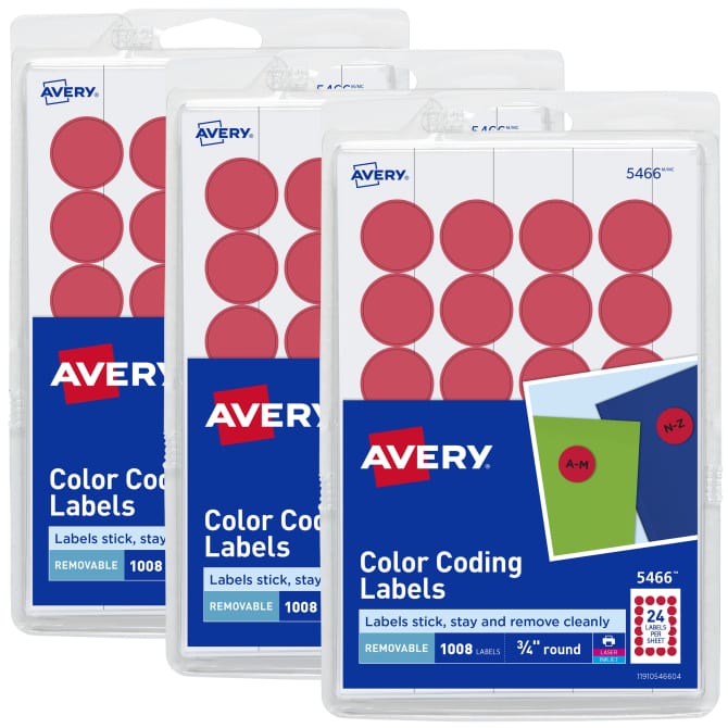 Round Color Coding Labels, Removable Adhesive, Laser & Inkjet Printers,  Red, 3/4” Diameter, 3 Pack, 3,024 Labels (32136)