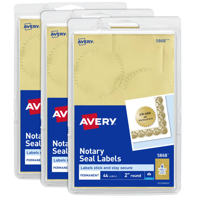 Avery® Notary Seal Labels, 2 Diameter, Printable Gold Certificate Seals,  Inkjet, 3-Pack, 132 Gold Seals Total (35868)