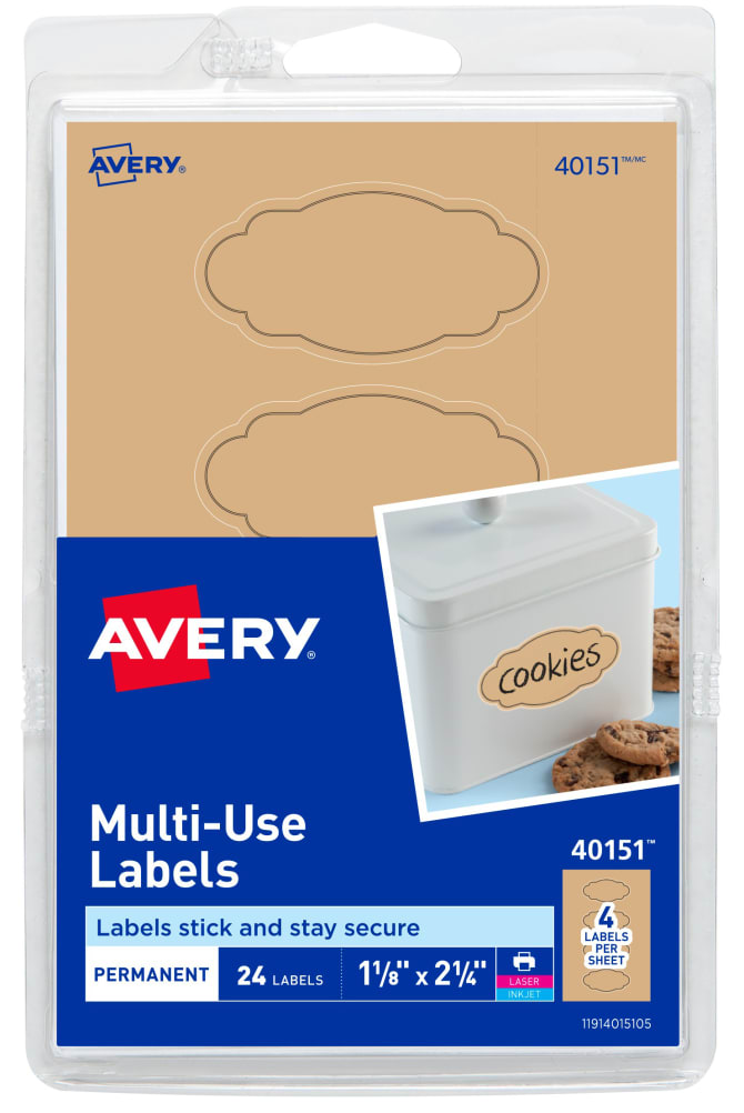 Avery Scallop Labels Permanent Adhesive Kraft Brown Black Border 1 1 8 X 2 1 4 24 Labels 40151