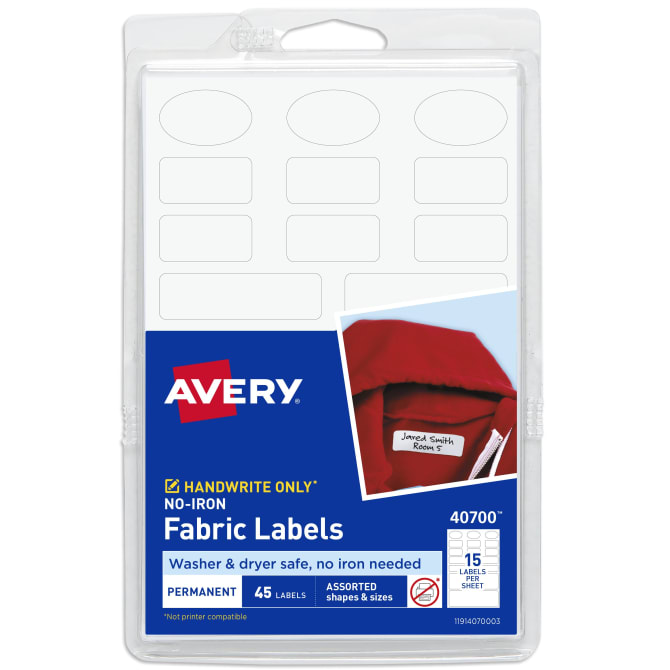 Avery® No-Iron Fabric Labels, Assorted Shapes and Sizes, Washer and Dryer  Safe, Non-Printable, 45 Total (40700)