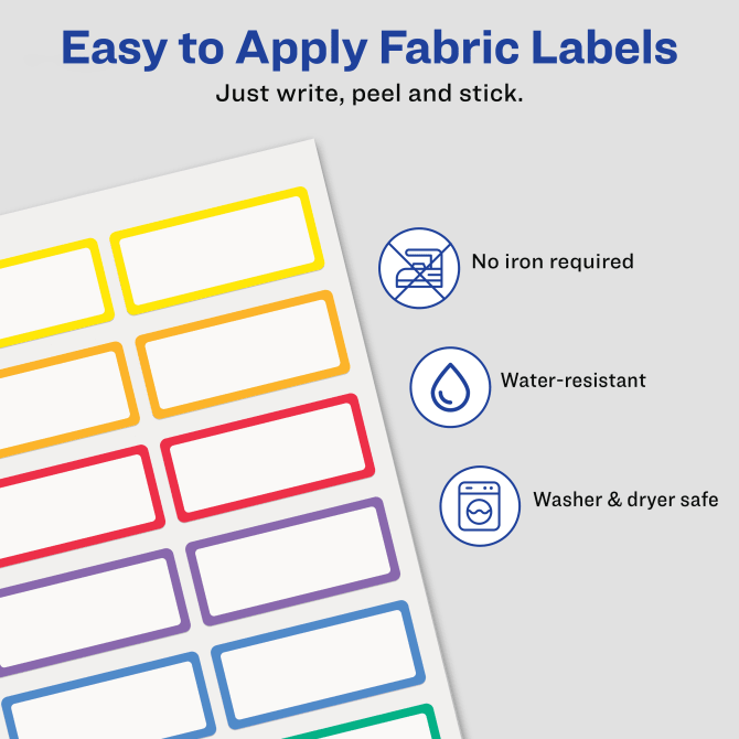 Avery® No-Iron Fabric Name Labels, Rainbow Borders Preprinted Designs,  Handwrite-Only, 24 Preprinted Labels (40706)