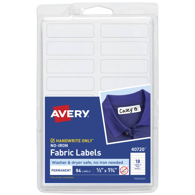 Avery® 40720 1/2 x 1 3/4 White Rectangle No-Iron Write-On Fabric Labels -  54/Pack