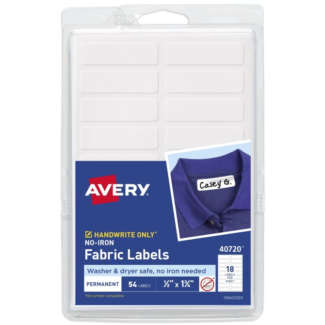 Avery® 40720 1/2 x 1 3/4 White Rectangle No-Iron Write-On Fabric Labels -  54/Pack