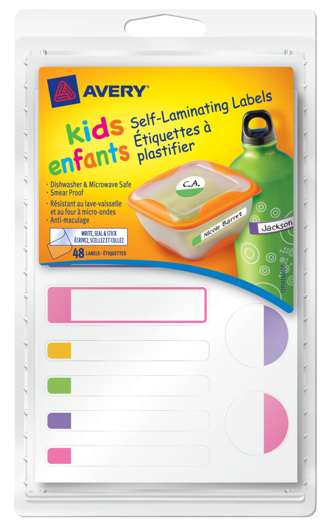 Assorted Colours Avery Self-Laminating Waterproof Labels for Kids Gear 2363 Lunch Boxes Assorted Shapes 