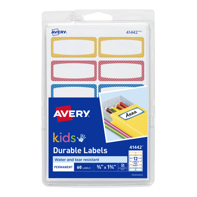 Avery Durable Labels For Kids Gear Permanent Adhesive Assorted Border Colors Handwrite 3 4 X 1 3 4 60 Labels 41442